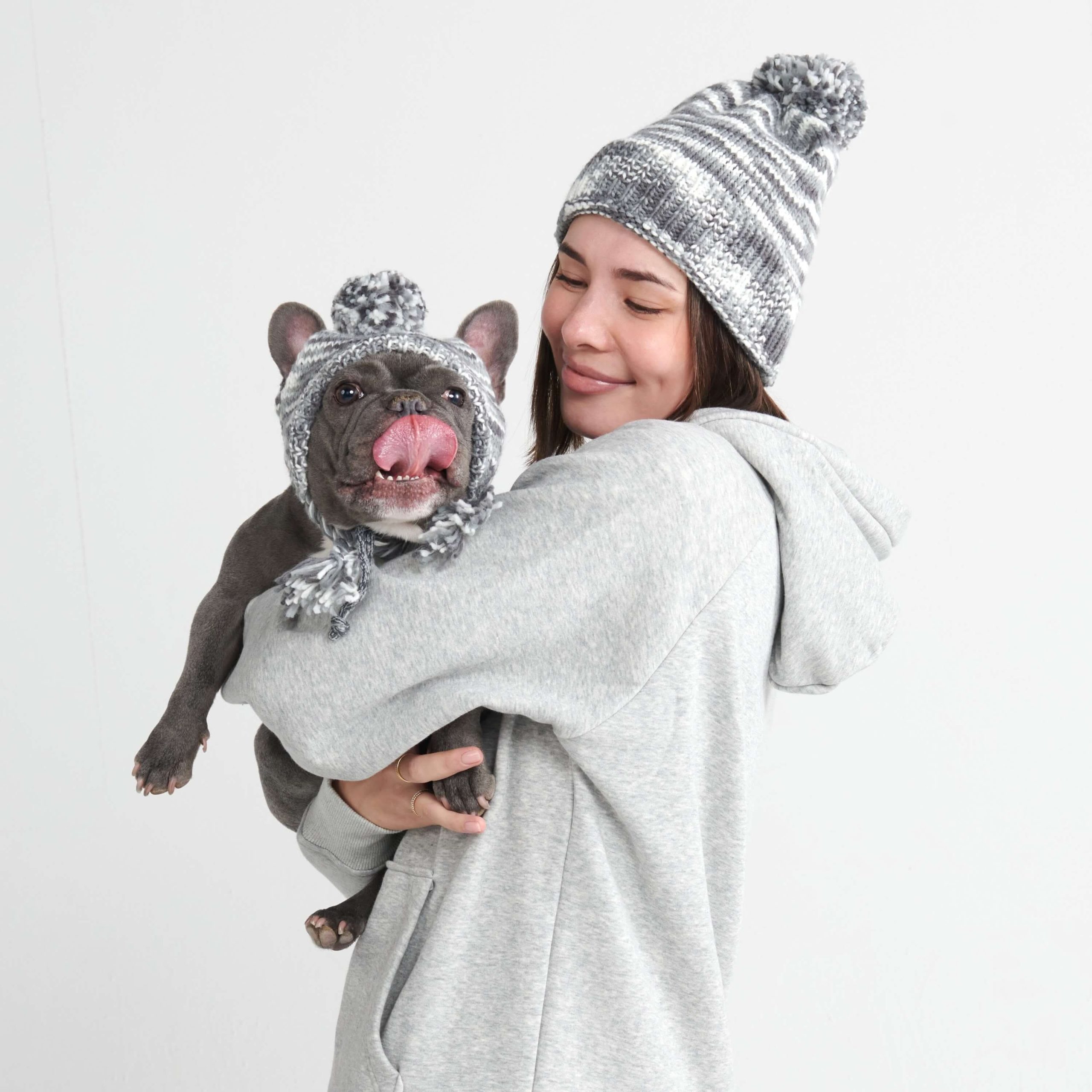 Knit Pom Pom Dog Beanie Hat - Salt and Pepper - Image 4