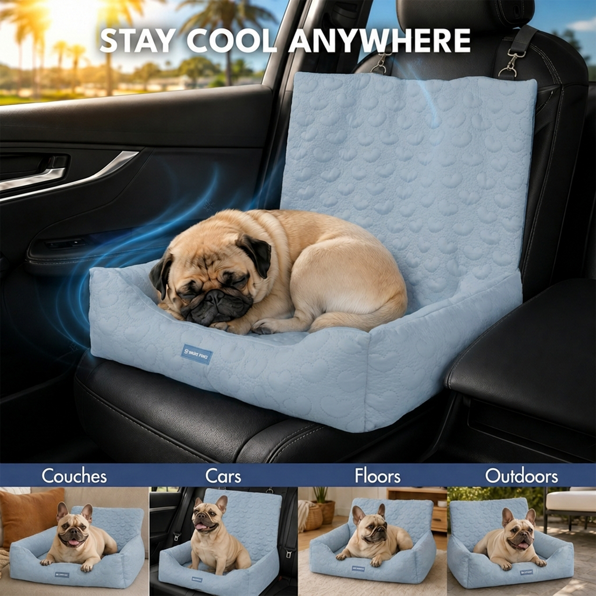 Frostcore™ Dog Cooling Car Seat Bed - Hearts Ash Blue - Image 2